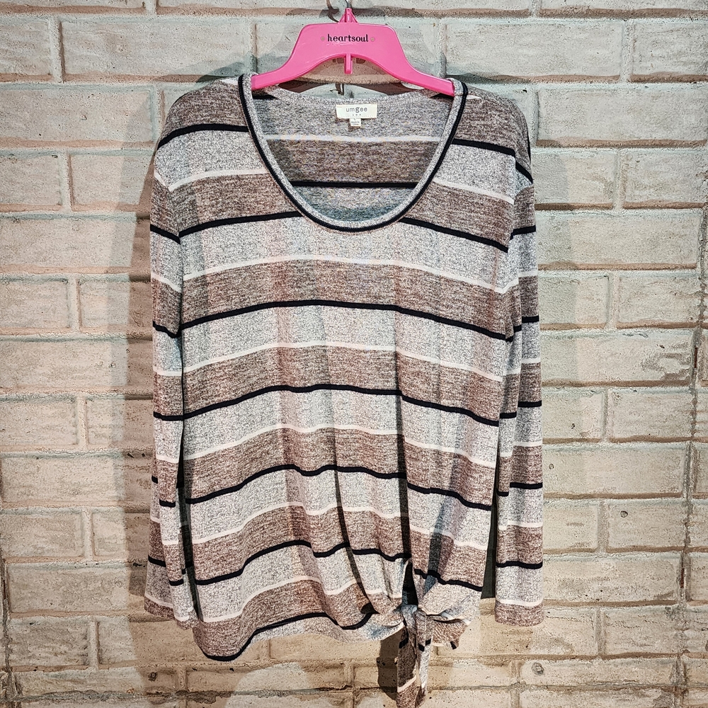 Umgee Gray and Brown Striped Long Sleeve Top
